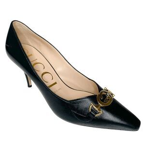 Gucci Zumi Black Leather Heels 37 EU 7 US Interlocking G Horsebit Made in Italy